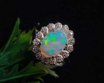 Natural Ethiopian Welo Opal Ring, Oval Faceted Opal Gemstone, 925 Sterling Silver Engagement Opal Ring, Opal With Zircon Ring, Gift For Her