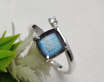Cushion Cut Blue Labradorite Zircon Ring, 925 Sterling Silver Ring, Handmade Designer SIlver Jewelry, Daily Wear Ring, Gift For Her