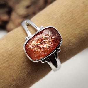925 Sterling Silver Handmade Designer Ring, Faceted Rectangle Shape Sunstone Gemstone Ring, Unique Band Design Jewelry, Gift For Her