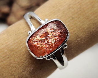 925 Sterling Silver Handmade Designer Ring, Faceted Rectangle Shape Sunstone Gemstone Ring, Unique Band Design Jewelry, Gift For Her