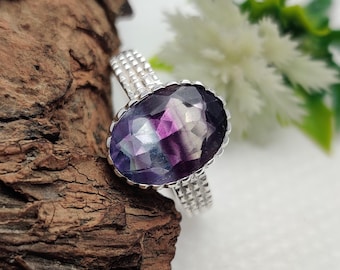 925 Sterling Silver Ring Natural Flourite Gemstone Oval Cut Ring, Handmade Designer Natural Stone Ring Statement Silver Jewelry Gift For Her