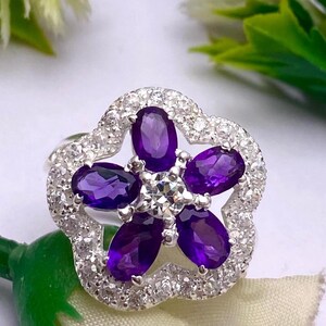 Natural Amethyst And Zircon Ring, Faceted Oval Shape Amethyst Ring, 925 Sterling Silver, 5 pcs Amethyst Ring Jewelry Gift For Her