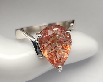 Pear Cut Orange Sunstone Gemstone, 925 Sterling Silver Handmade Prong Design Satetement Sunstone Jewelry, Wedding Gift Ring