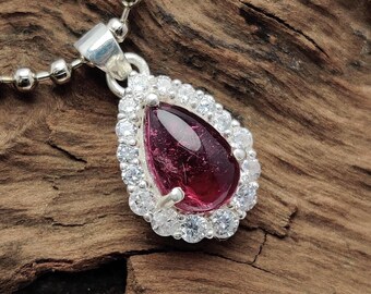 Natural Pink Tourmaline Gemstone Pendant, Pear Cabochon Sterling Silver Statement Zircon Neacklace, Gift for Her