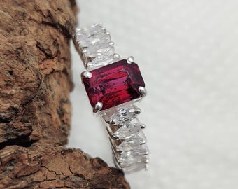 Natural Emerald Cut Red Garnet Ring, 925 Sterling Silver Red Garnet With Marquise Cut Zircon Jewelry, Statement Ring, Gift For Her