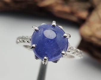 925 Silver Tanzanite Gemstone Ring, Smooth Cabochon Round Tanzanite Ring, Handmade Silver Jewelry, Gemstone Statement Ring, Gift For Her