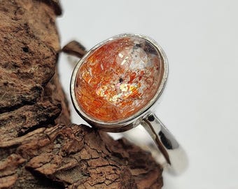 Oval Cabochon Natural Orange Sunstone Ring, 925 Sterling Silver Handmade Design Orange Dot Simple Statement Jewelry