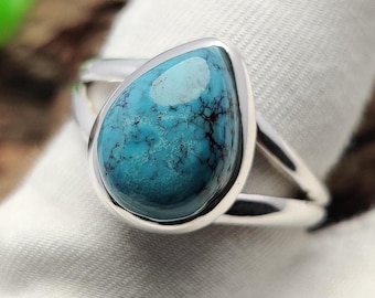 Anillo de turquesa cabujón en forma de pera, plata de ley 925, turquesa natural, anillo de plata con estilo, regalo para ella
