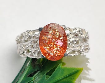 Anel oval de prata esterlina com pedra do sol, joia com gema laranja brilhante, anel com design de flor em prata, anel para presente de casamento, presente para ela.