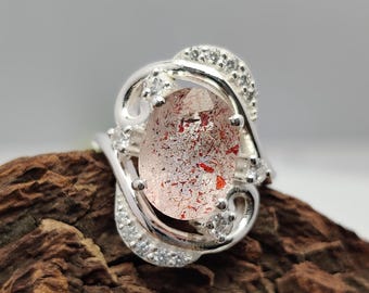 Oval Super Seven Sterling Silver Ring, Natural Lepidocrocite Gemstone With Zircon 7 Chakra Helaing Stone Ring, Gift for her