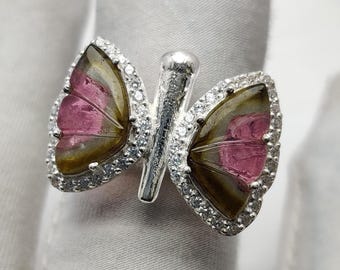 Anel Turmalie Zircônia Melancia em Prata de Lei 925 com Gema Esculpida de Forma Sofisticada - Linda Joia Betterfly - Anel Ideal para Presente de Casamento