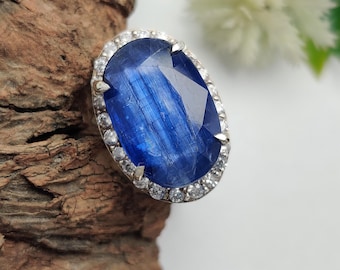 925 Sterling Silver Blue Kaynite Gemstone Ring, Oval Shape Kaynite & Zircon Ring, Girlfiend Gift Blue Stone Ring, Natural Kaynite Jewelry