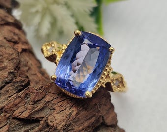 Tanzanite Ring 14K Gold Plated Sterling Silver Ring, Faceted Rectangle Blue Gemstone Ring, December Birthstone Ring, Gift For Her