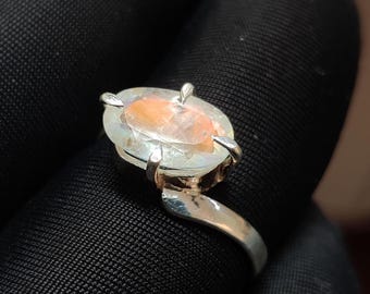 Madagascar Moonstone Oval Cut Ring, 925 Sterling Silver Golden Flash Natural Rainbow Gemstone Handmade Silver Ring, Gift For Her