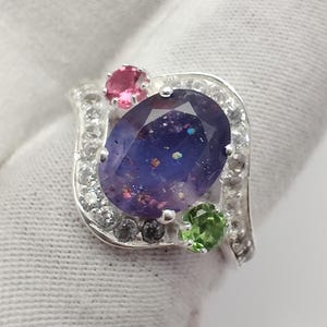 Natural Blue Iolite & Tourmaline Ring, Oval Shape Iolite Sunstone and Round Shape Multi Colour Tourmaline with Zircon Statement Jewelry