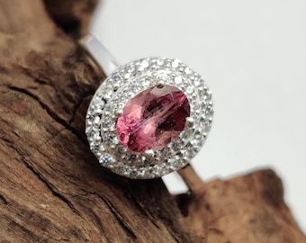 Hot Pink Tourmaline Ring, Oval Cut Natural Tourmaline Gemstone, 925 Sterling SIlver Ring, Tourmaline With Zircon Weddinng Ring, Gift For Her