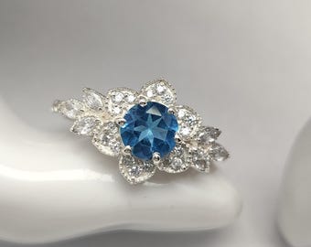 Anel de Topázio Azul Natural em Prata de Lei 925 com Zircônia, Anel com Gema Facetada Redonda, Anel de Prata, Joia de Topázio Satetement, Presente de Aniversário