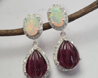 Brincos com Turmalina Rubelita Esculpida e Gema de Opala Etíope Natural, Joias em Prata de Lei, Brincos para Presente de Casamento