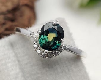 Heated Bio Color Sapphire with Zircon Ring, 925 Sterling Silver Oval Cut Parti Sapphire Gemstone, Anniversry Gift, Gift For Her