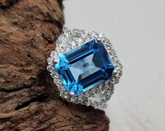 Emerald Cut Swsss Blue Topaz Ring, Sterling Silver December Birthstone, Blue Topaz Gemstone & Zircon Engagement Ring, Gift For Her