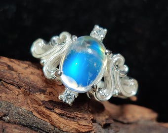 925 Sterling Silver Rainbow Moonstone Ring, Blue Flash Oval Cabochon Desinger Moonstone & Zircon Gemstone Ring, Gift For Her