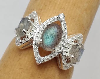 Anel de labradorita e zircônia azul natural, prata esterlina 925, labradorita de alta qualidade, cabochão, joia, presente para ela