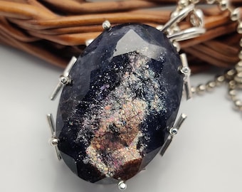 Golden Sheen Iolite Sunstone Pendant, Faceted Oval Cut Huge Sige Flashy Blue Iolite Gemstone 925 Sterling Silver Jewelry