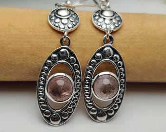 Pink Tourmaline Cabochon Earrings, 925 Sterling Silver Round Shape Tourmaline Long Dangle Drop Oxidized Earrings for Women, Gift for Her
