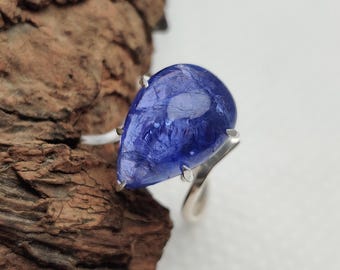 Natural Blue Tanzanite Cabochon Ring, 925 Sterling Silver Prong Setting Ring, Pear Shape Tanzanite Statement Jewelry, Party Wear Ring,