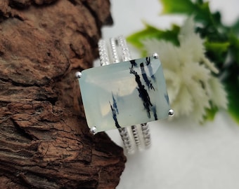 Natural Peruvian Opal Ring, Faceted Emerald Cut Gemstone 925 Sterling Silver Jewelry, Designer Band With Zircon Ring, Gift For Her