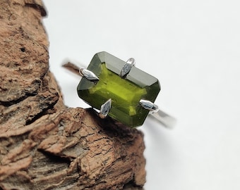 Emerald Cut Green Vasonite Gemstone, 925 Sterling Silver Ring, Simple Prong Deisgn Ring, Satetment Silver Jewelry, Gift For Her