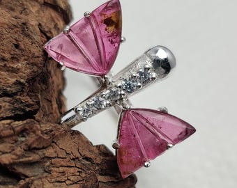 Carved Butterfly Wings Tourmaline Zircon Ring, 925 Sterling Silver Ring, Pink Tourmaline Jewelry, Wedding Gift Tourmaline Ring, Gift For Her