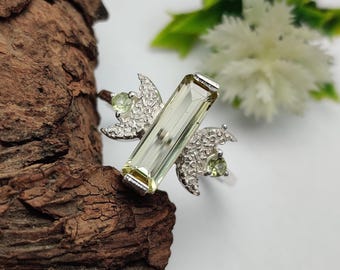 Anel Baguete de Turmalina em Prata de Lei 925 com Gema Natural Facetada, Anel Marcante com Design de Lua, Anel para Festas, Presente Ideal para Ela