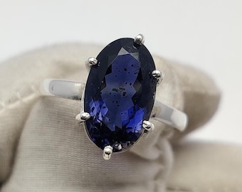 Natural Blue Iolite Gemstone Oval Cut Ring, 925 Sterling Silver Satetment Blue Gemstone Simple Prong Jewelry, Gift for Her