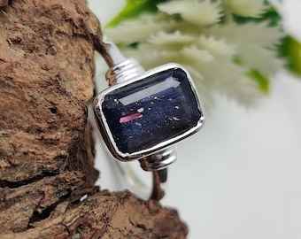 Emerald Cut Mulit Fire Iolite Sunstone Gemstone, 925 Sterling Silver Handmade Design Simple Band Ring, Daily Wear Ring, Gift For Her
