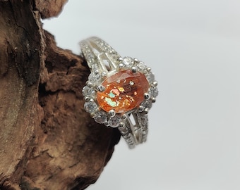 Anel de noivado em prata de lei 925 com zircônia cúbica laranja natural, anel de noivado com corte oval multicolorido, anel com cravação em garras, presente para ela.