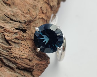 Round Cut London Blue Topaz Ring, 925 Sterling Silver December Birthstone Ring, Handmade Desinger Band Ring, Concave Cut Gemstone