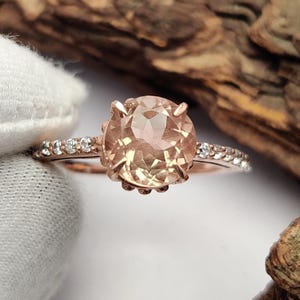 Faceted Round Shape Oregon Sunstone and Zircon Ring, 925 SterlingSilver Natural Pink Sheen Sparkling Oregon Sunstone Ring Jewelry for Her
