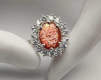 Orange Sunstone Ring, 925 Sterling Silver, Oval Cut Zircon Statement Ring, AAA Quality Gemstone, Engagement Silver Ring, Gift For Her