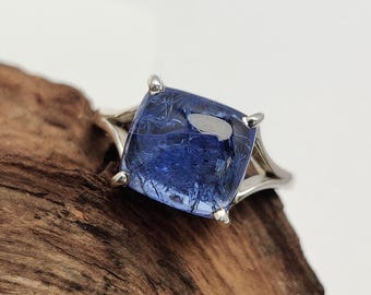 925 Silver Tanzanite Cushion Cabochon Gemstone Ring, Handmade Silver Jewelry, Top Quality Tanzanite Prong Dsing Ring, Gift For Her