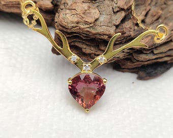 Unique Design Pink Tourmaline Gemstone Necklace, 14K Gold Plated Sterling Silver Pendant, Wedding Jewelry, Anniversry Gift Jewelry