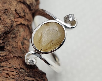 Natural Inclusion Golden Needle Rutile Quartz Gemstone, 925 Sterling Silver Ring, Faceted Oval Cut Zircon Ring, Handmade Deisgner RIng