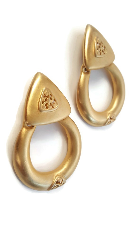 Vintage Givenchy Signed Gold Door Knocker Earrings - image 5