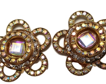 Aurora Borealis Daisy Clip On Rondelle Earrings