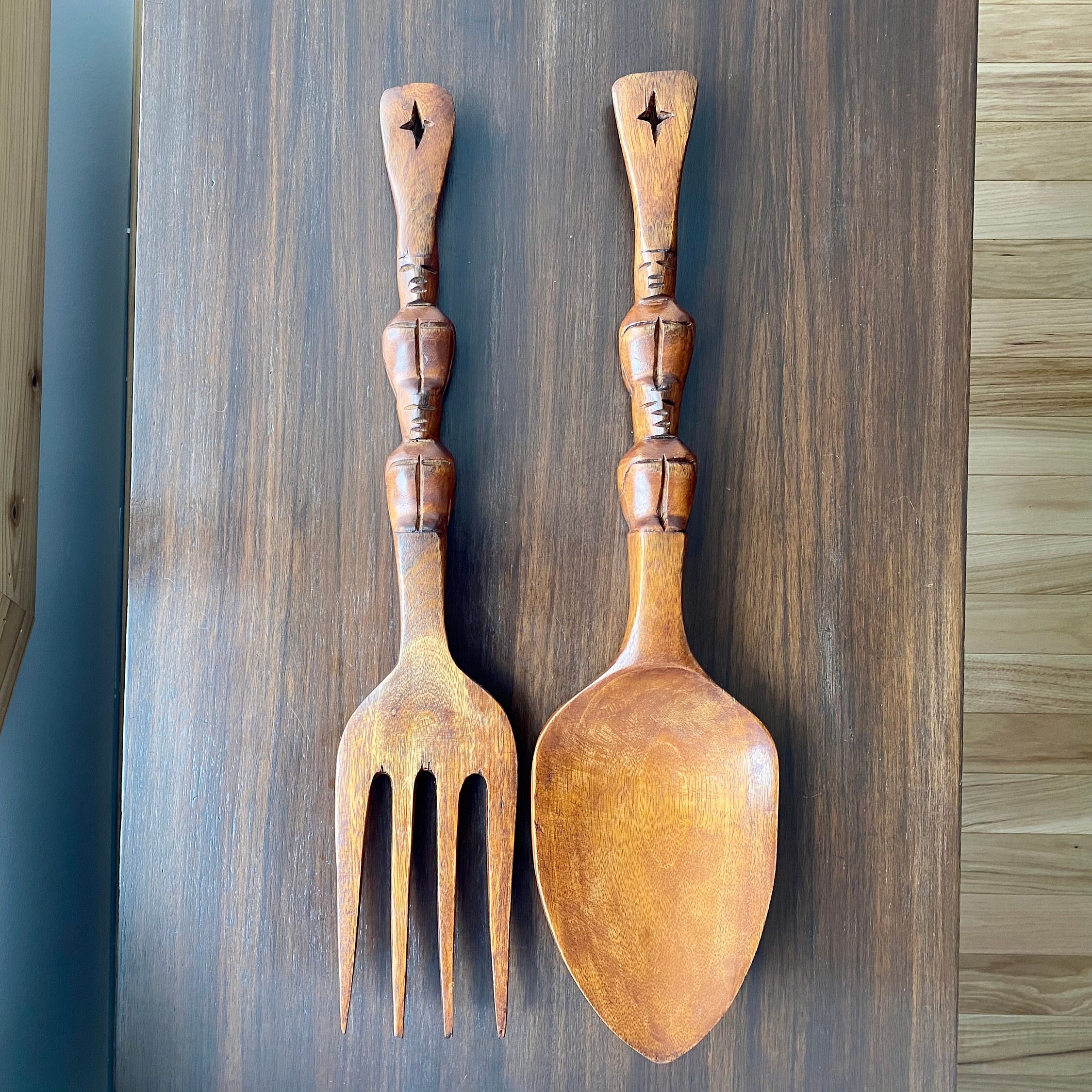 Vintage Hawaiian Hand Carved Large Wooden Fork & Spoon Wall Etsy