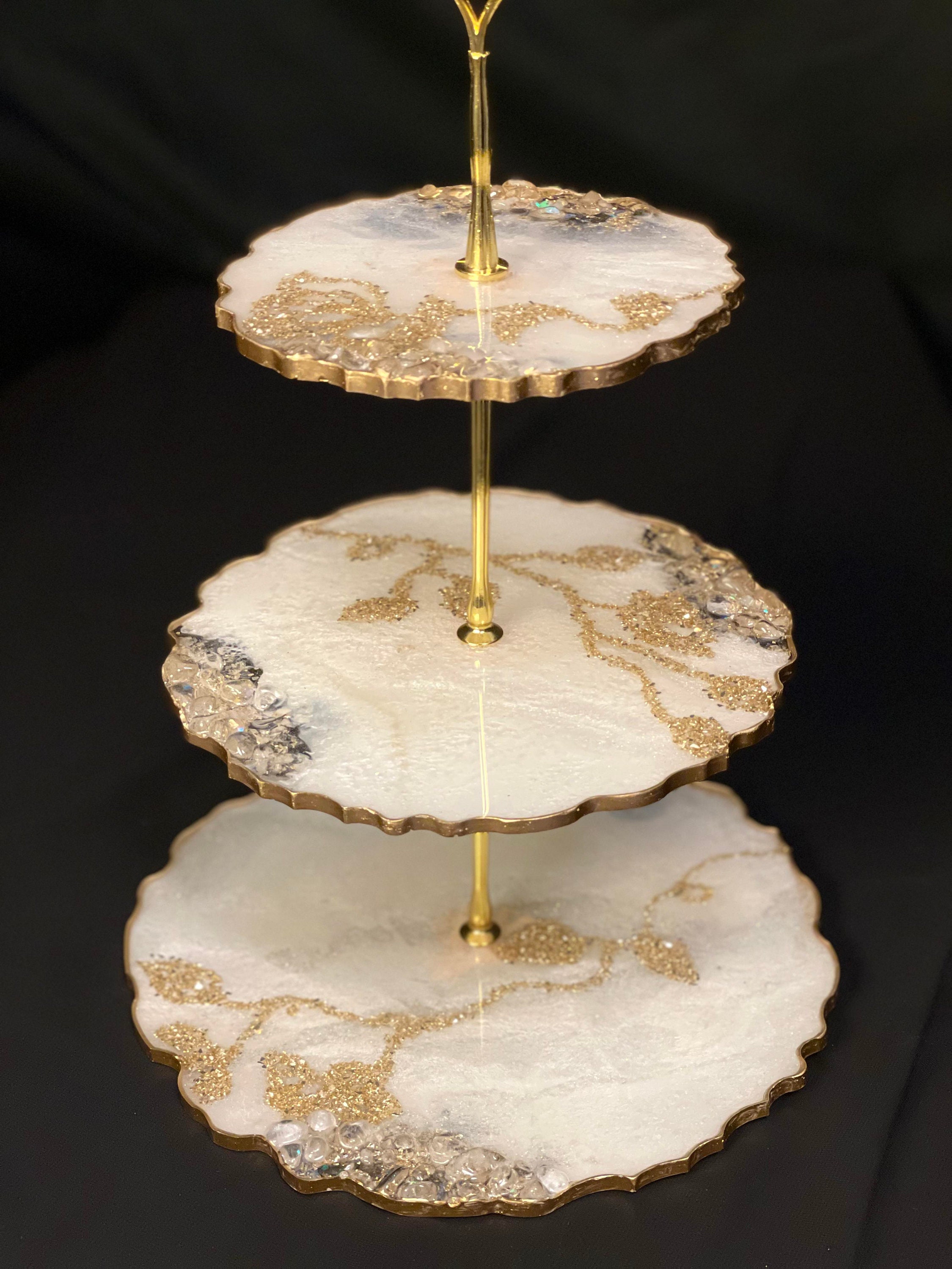 Celestial (3-tier White and Gold Epoxy Resin Dessert Tray W/ Clear