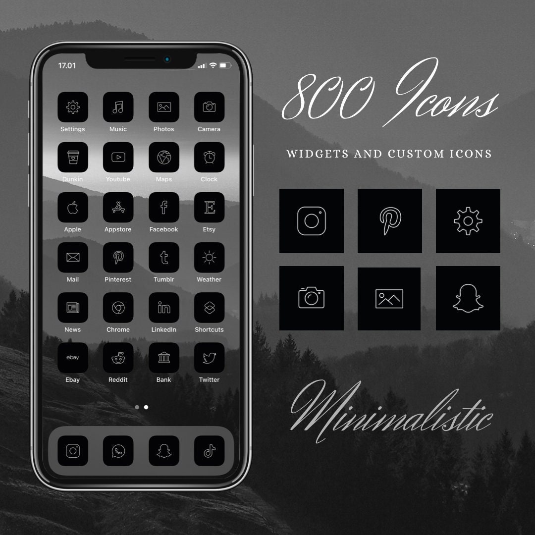 800 Minimalistic Black and White App Icons Aesthetic Homescreen Icon Covers IOS 14/15 Widgets