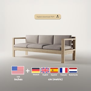 Può includere: Un divano in legno chiaro con tre cuscini di seduta. Il divano ha un design semplice e moderno con una struttura rettangolare. Il testo "Digital download PDF!" è sopra il divano. L'immagine include anche il testo "cm (metrico)".