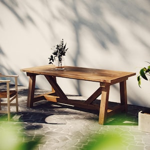 Outdoor farmhouse table, DIY plan, pdf download, beginner-friendly, blueprints, imperial and metric versions
