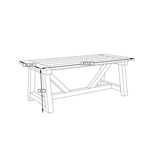 May include: Line drawing of a wooden table with a rectangular top and a trestle base. The table is 82-1/2 inches long, 36-1/4 inches wide, and 30 inches high.